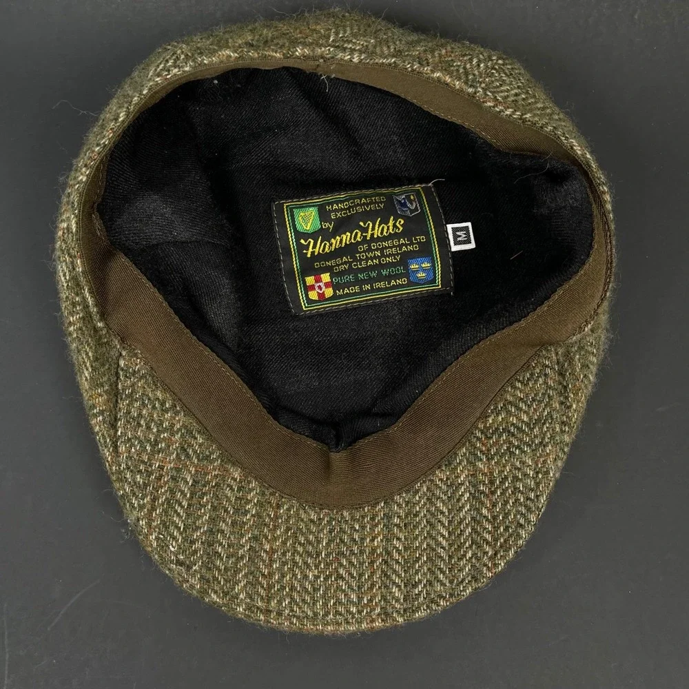 Vintage Hanna Hats Donegal Tweed Flat Cap Men M Green Herringbone Wool Ireland